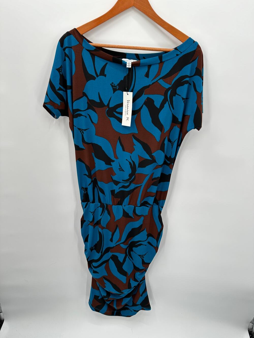 VERONICA M NWT Short Sleeve Wide Neck Sylvie Shirred Stretch Bodycon Dress // M